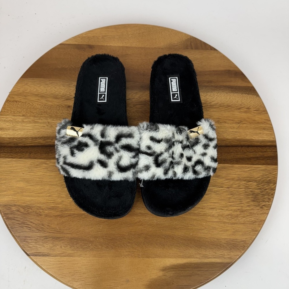 New Womens Puma Leadcat Fluffy Safari Cheetah Print Black Slides Size 5 M NWOB